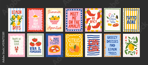 Abstract Italian posters in 90s style. Bright compositions: pizza, lemons, cocktails, seafood in cartoon trendy retro style. Decor for kitchens, cafes and restaurants. Minimalist banners for wall