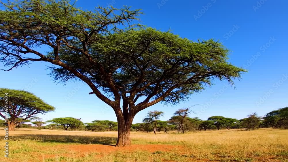 Majestic Acacia Tree: African Savanna Landscape, Vibrant Blue Sky Majestic Acacia Tree: African Savanna Landscape, Vibrant Blue Sky