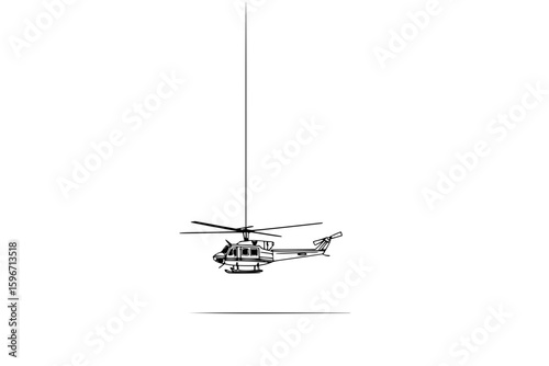 Illustration of a helicopter suspended by a thin line against a stark white background space design