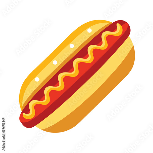 Classic hot dog with sausage in bun, topped with mustard and ketchup, isolated on white background.