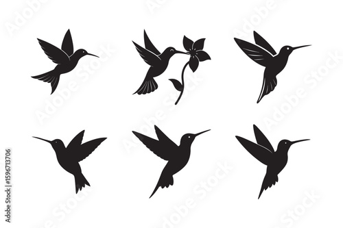  hummingbird feeding from flower silhouette set bundle