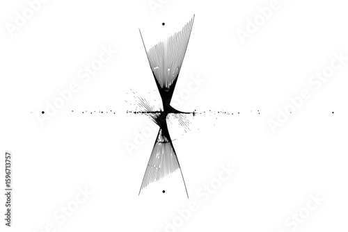 Abstract monochrome illustration featuring symmetrical line patterns and scattered dots on white background