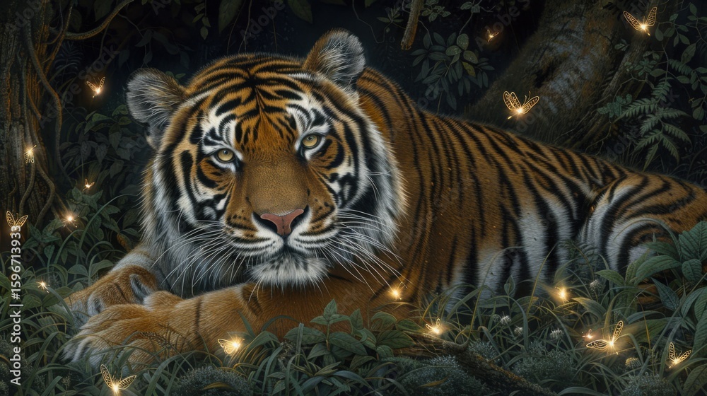 Obraz premium Majestic tiger resting in lush jungle surrounded by glowing butterflies