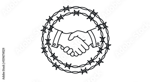 Handshake enclosed by barbed wire in minimal line art style
