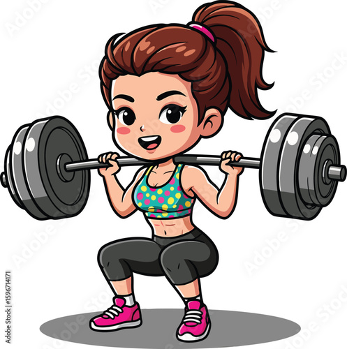 Cartoon illustration of a fit woman performing a barbell squat exercise in a fitness gym