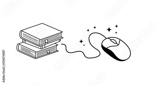 Digital learning: mouse and books symbolizing online education advancement