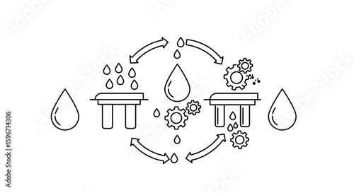 Rainwater harvesting process diagram with arrows and droplets in linear style