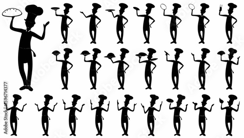 Silhouettes of chefs holding plates and platters in various poses and orientations across the image