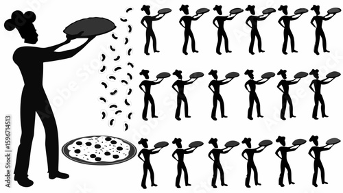 Silhouette of a chef sprinkling ingredients on a pizza with multiple chefs holding pizzas