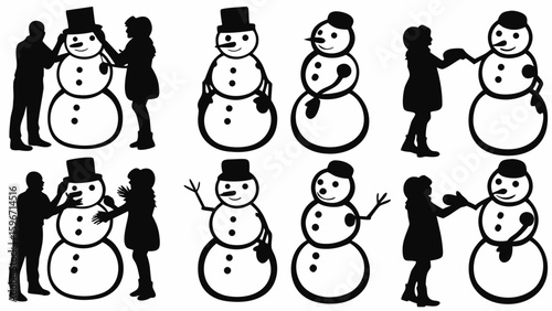 Silhouettes of people building snowmen with hats and winter accessories on a white background