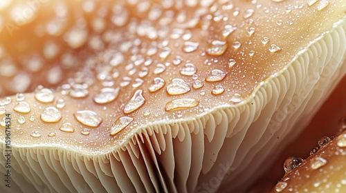 Detailed Close-up of Mushroom Cap with Water Droplets