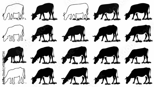 Silhouettes and outlines of cows grazing in a field arranged in a grid pattern on a white background