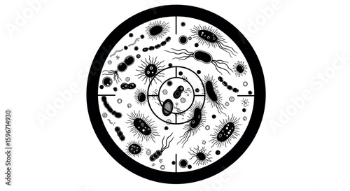 Microscope view: diverse microorganisms and bacteria rendered in black and white circular design