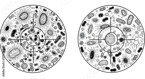 Intricate black and white microbial patterns under microscope lenses