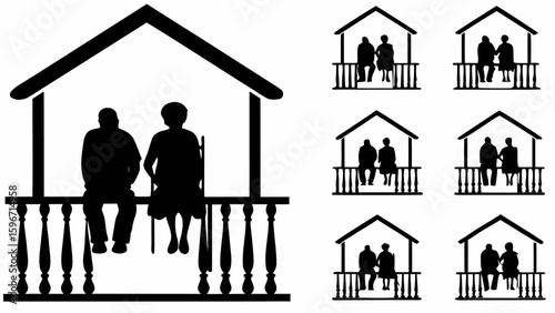 Silhouetted elderly couple sitting on porches in various house structures, black and white vector art