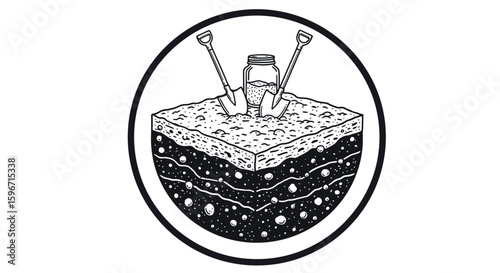 Vintage earth layer design with glass jar and shovels in circular frame