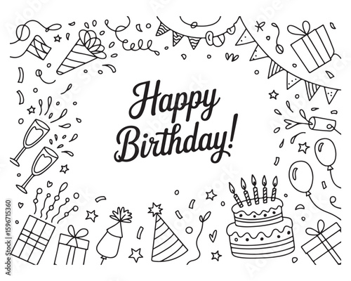 Black and white birthday celebration doodle art with text