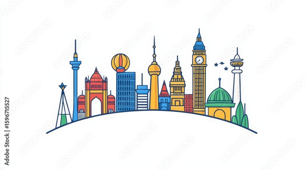 Naklejka premium Colorful skyline illustration showcasing iconic landmarks from various cities around the world.