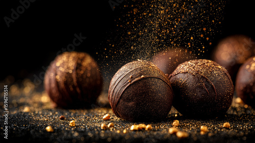 A luxury chocolate truffles on black velvet with gold dust particles floating,