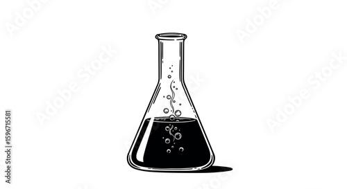 Monochrome laboratory flask with liquid and bubbles on white background