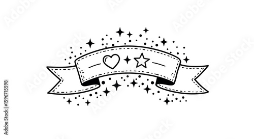 Retro banner with heart, star, and sparkling elements in black and white design