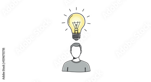 Minimalist idea concept with light bulb above person's head for creativity and innovation