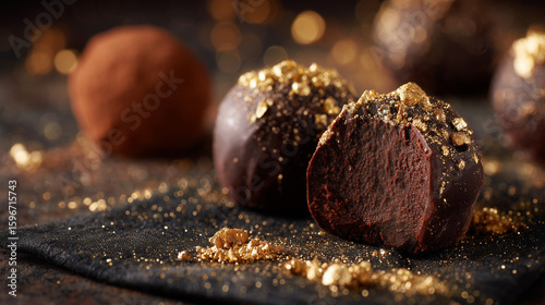 luxury chocolate truffles on black velvet with gold dust particles floating