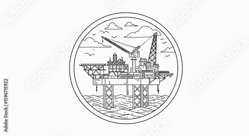 Offshore drilling platform outline with clouds and waves design