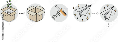 Journey of growth from seedling to paper airplane in minimalist line art