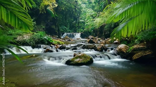 Flowing stream in a lush green forest with clear water and vibrant foliage, Water stream in green forest Fresh clean river in jungle