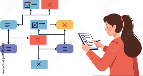 Woman analyzing data flowchart with checklist in hand