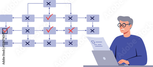 Decision-making flowchart with confused person using laptop and document