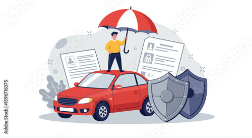 Insurance protection concept: man with umbrella standing on car surrounded by documents and shields