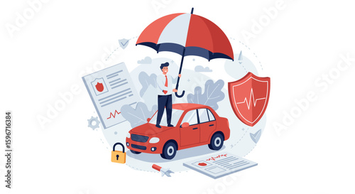 Car insurance concept with businessman holding umbrella for protection