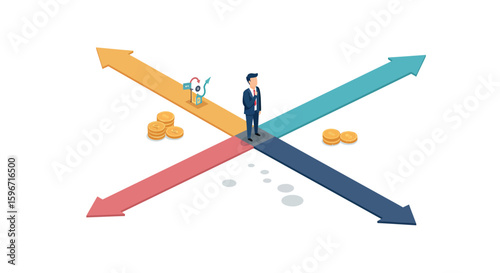 Businessman navigating choices with financial success and risk concept