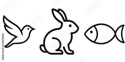 Illustration of a bird rabbit and fish in simple black outline style on transparent background silhouette