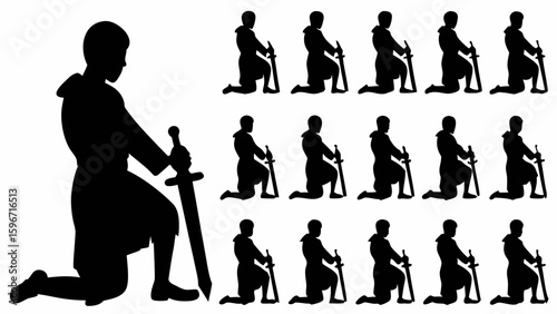 Silhouette illustration of multiple knights kneeling and holding swords in a pattern design