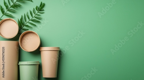 Eco-Friendly Containers and Leaves on Green Background for Sustainability