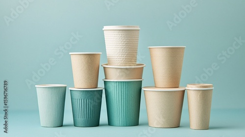 Artistic Representation of Various Paper Cups Stacked on Background