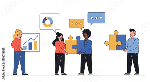 Team collaboration and problem solving with puzzle pieces and graphs