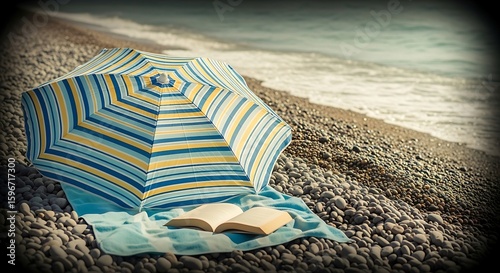 An open book rests on a towel beneath a beach umbrella, near the ocean.
