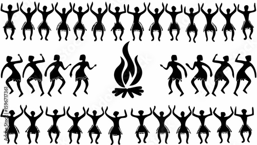 Stylized tribal dance illustration with figures around a bonfire in black and white design style