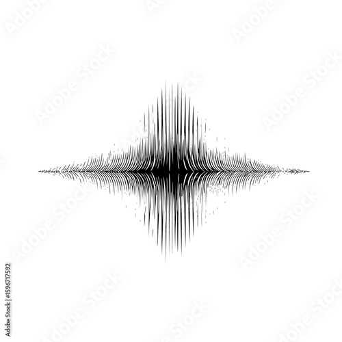 Abstract symmetrical black and white sound wave pattern with varying line thicknesses shown clearly here