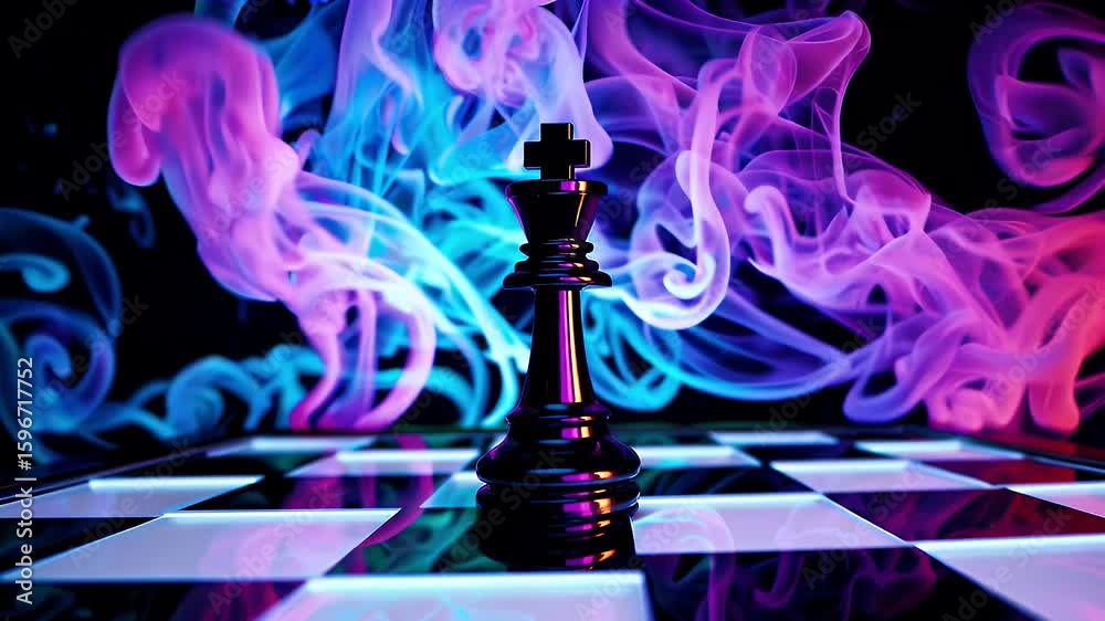 Convey competitive intensity via moody K chessboard tableau gleaming king neon haze surrounded swirling coloured smoke symbolising strategy leadership high stakes gameplay esports teasers business
