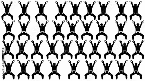 Pattern of black silhouettes with arms raised and legs apart in a repeating arrangement design