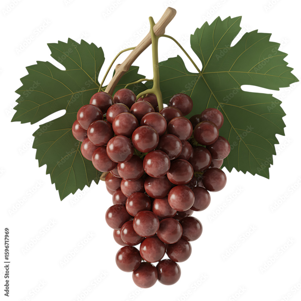Fototapeta premium A luscious bunch of red grapes hangs with vibrant green leaves, isolated on transparent background