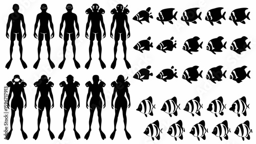 Silhouette illustration of divers with snorkeling gear and various tropical fish species in black and white