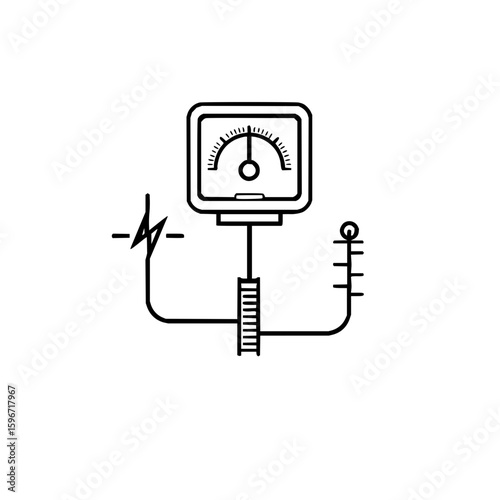 Illustration of a voltmeter with a needle pointing to a scale and electrical connections shown in black lines
