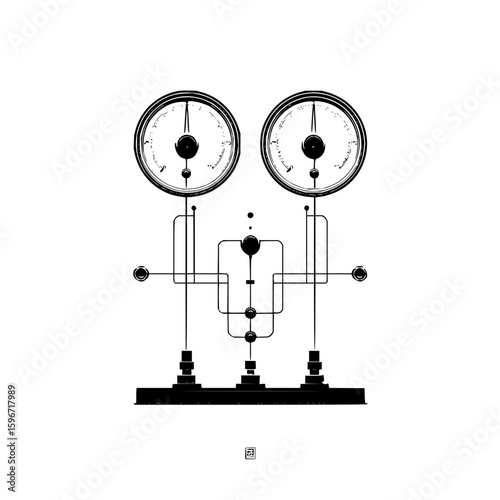 Illustration of a complex system with two gauges connected by intricate lines and components in black and white