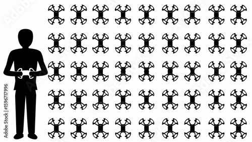 Silhouette of a person holding a controller with rows of drone frames in a repeating pattern design